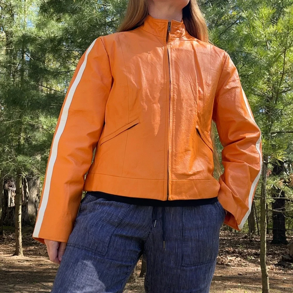 Y2K Metro Style Neon Orange Racing 100% Genuine Leather Jacket Women’s Size L - Picture 5 of 16